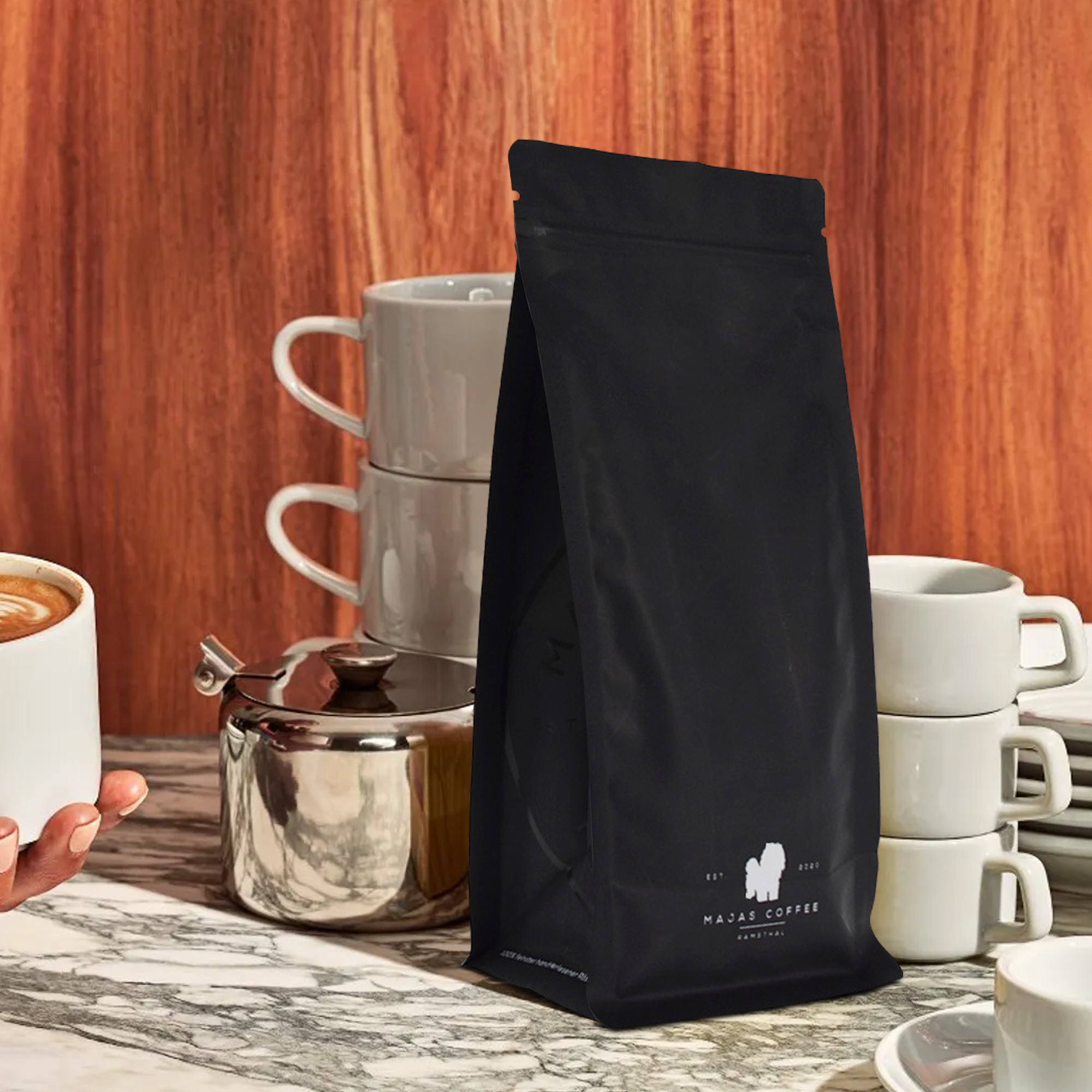 Custom Size Eco Friendly Matte Black Recyclable Flat Bottom Bag for Organic Coffee & Tea